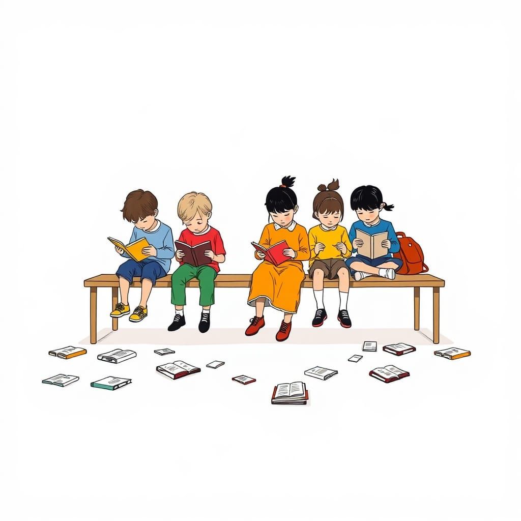 Children Reading on Bench in Mid-Century Modern Style