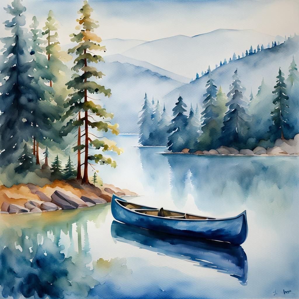 Blue Canoe on Misty Lake: Watercolor Impression