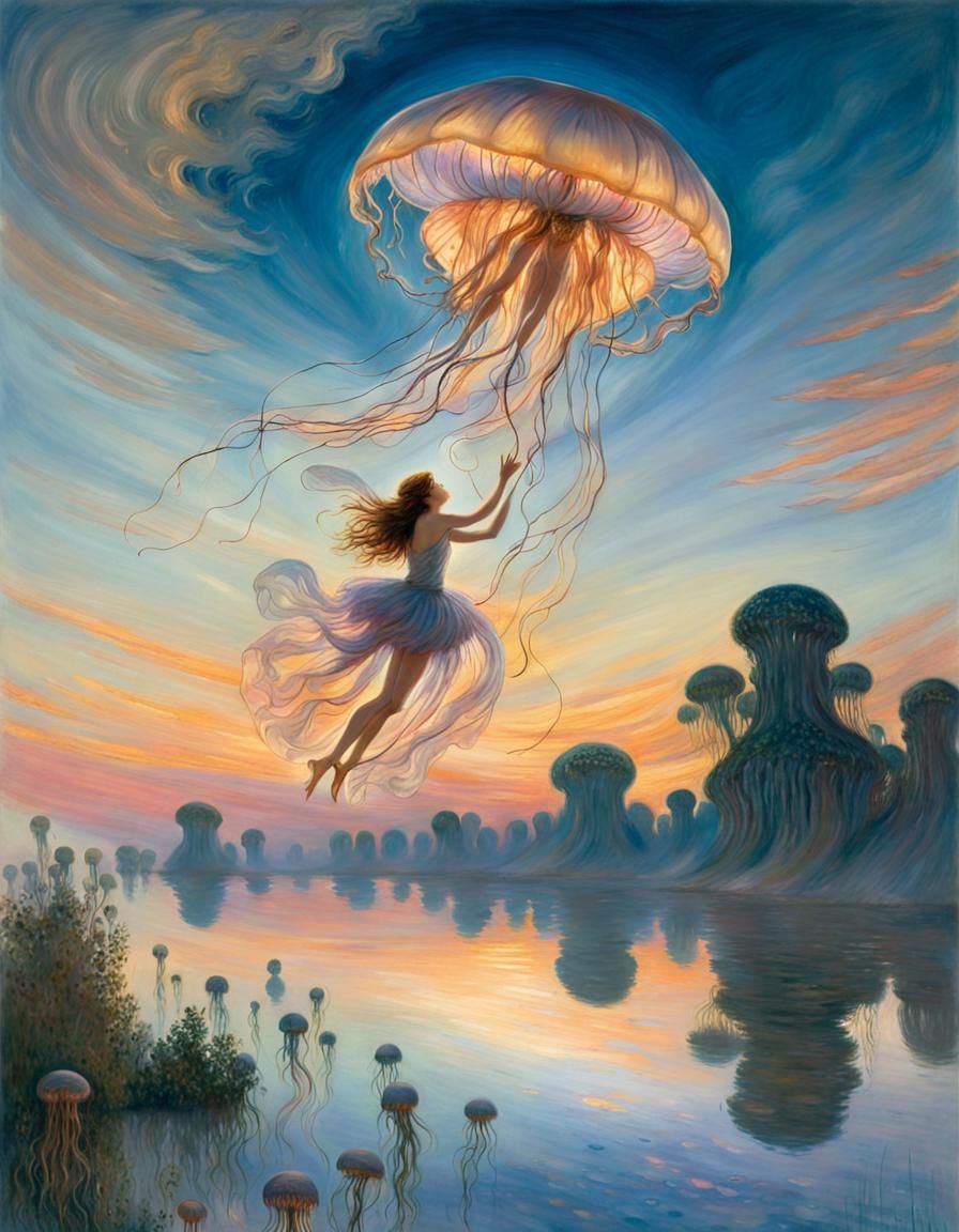 Jellyfish Fairy at Dawn as Impressionist Painting