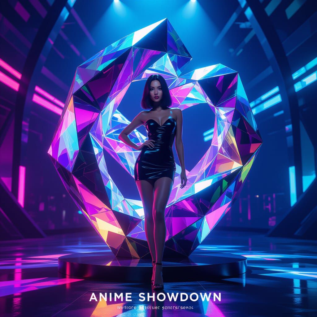 Stunning Woman Poses by Glowing Iridescent Sculpture in Anim...