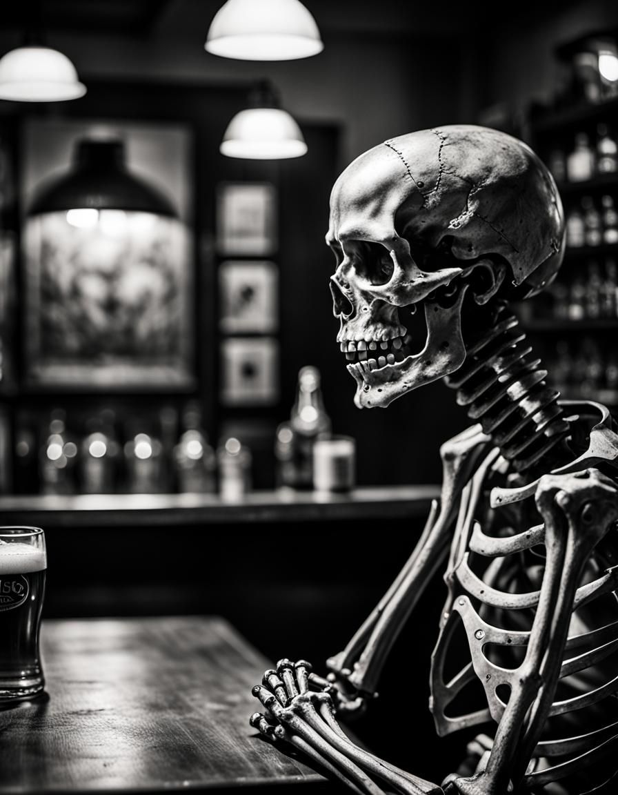 Forlorn Metal Skeleton in Bar: Charcoal Drawing