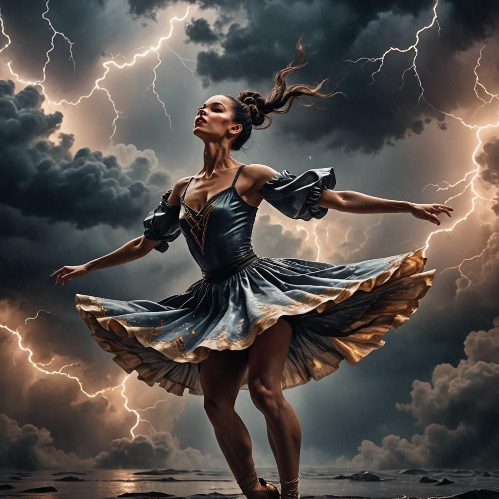 Demonic Ballerina Dances on Storm Clouds: Hyperrealistic Art