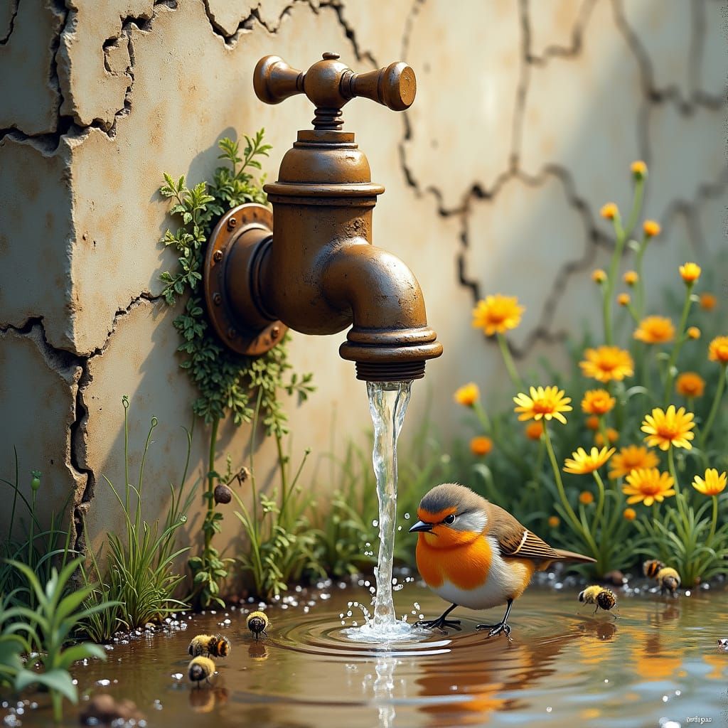 Rustic Tap with Robin and Flowers as Oil Painting