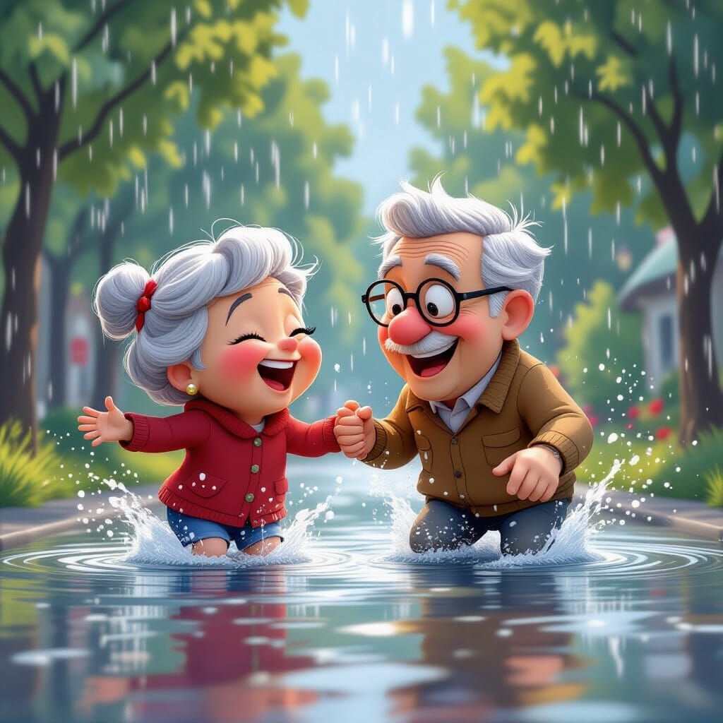 Adorable Elderly Couple Splashing in Puddles in Pixar Style