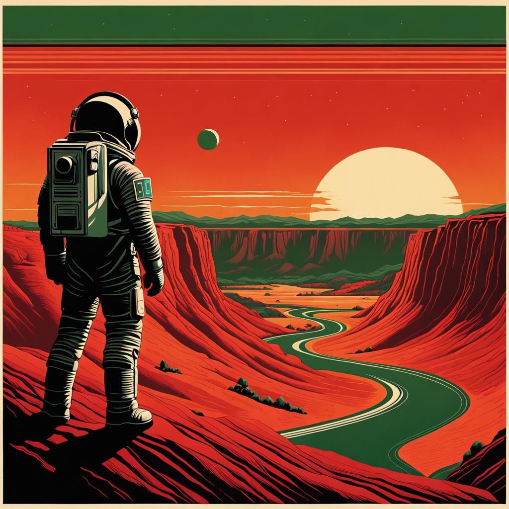 Retro Martian Landscape Poster in WPA Style