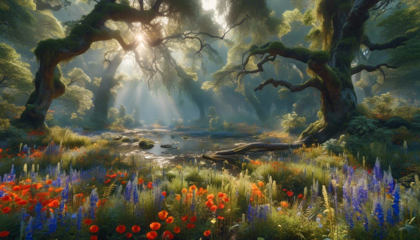 Sunlit Stream Among Ancient Oaks in 8K