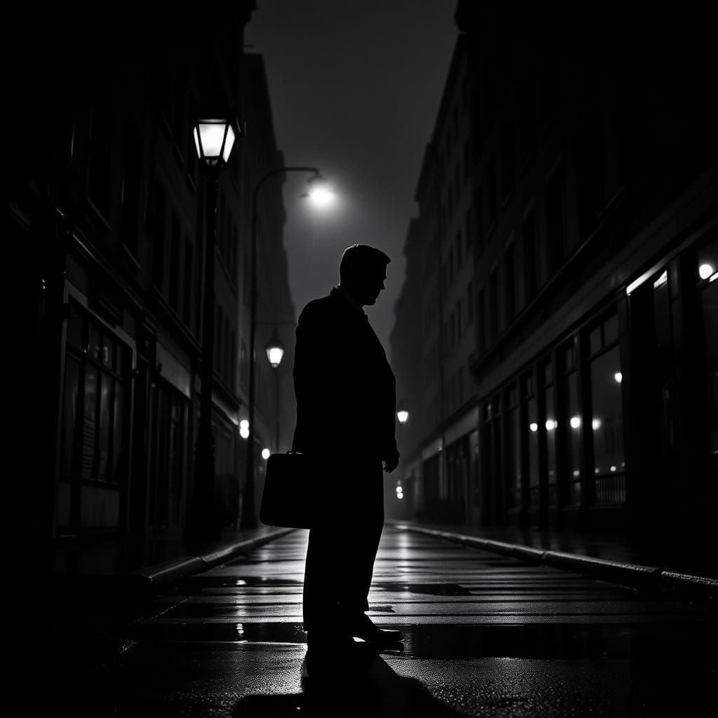 Film Noir Accountant on Rainy Street at Dusk