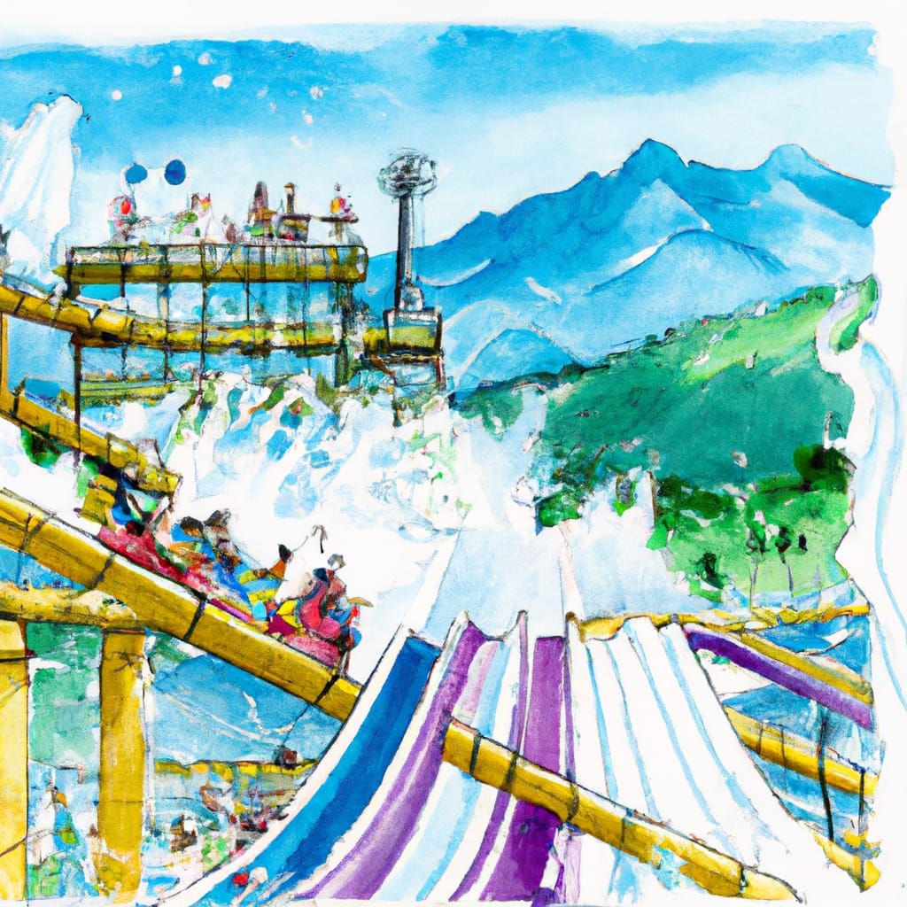 Mountain Waterpark With Anime People in Watercolor Style