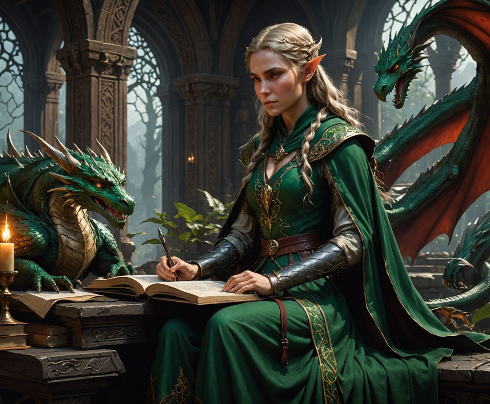 Enchanted Elven Artisan Admires Majestic Dragon