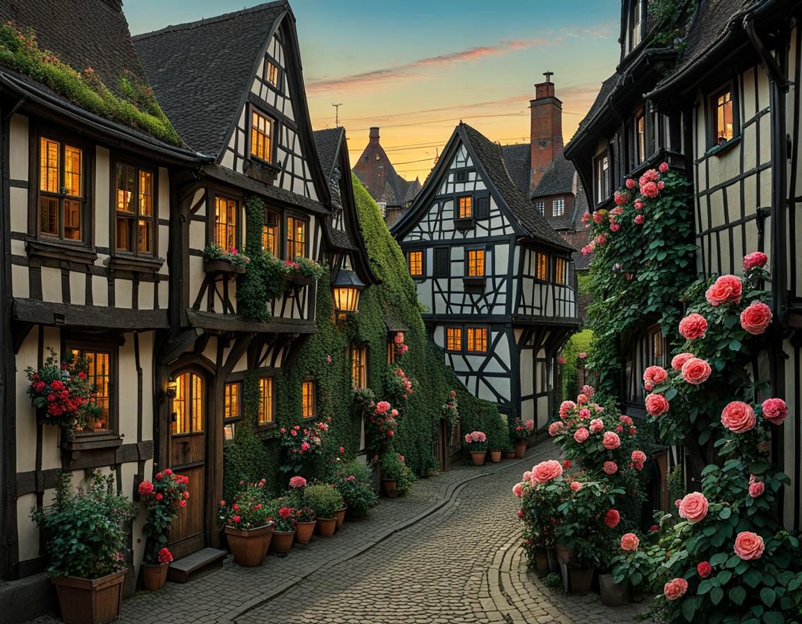 Romantic Half-Timbered Houses Bloom with Roses at Dusk