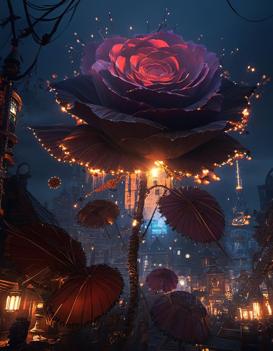 Steampunk City with Arcane Symbols in Dark Theme