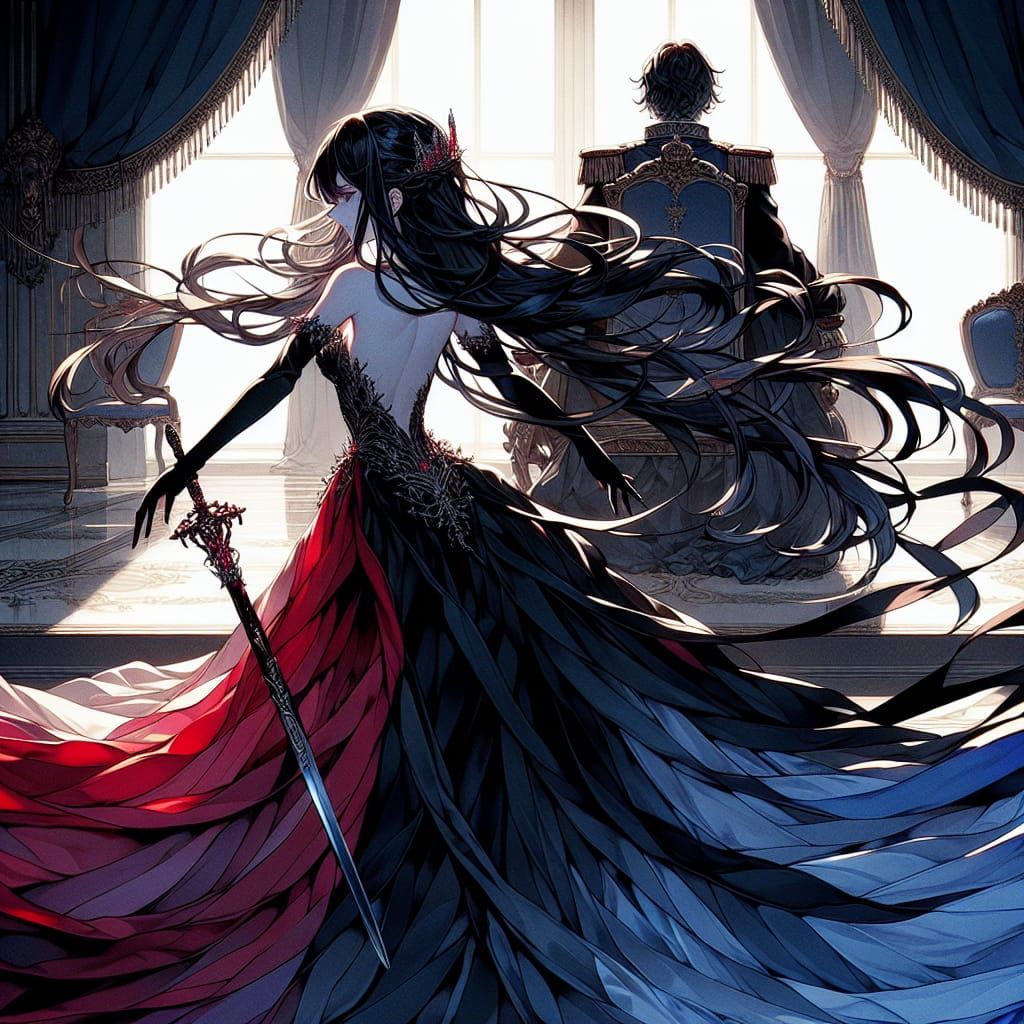 Dark Anime Art of Enigmatic Woman Approaching Golden Throne