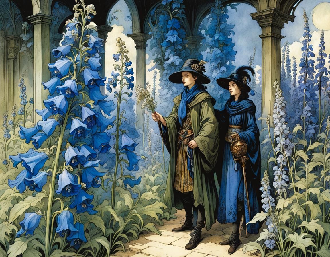 Delphinium and Monkshood in Whimsical Illustration Style