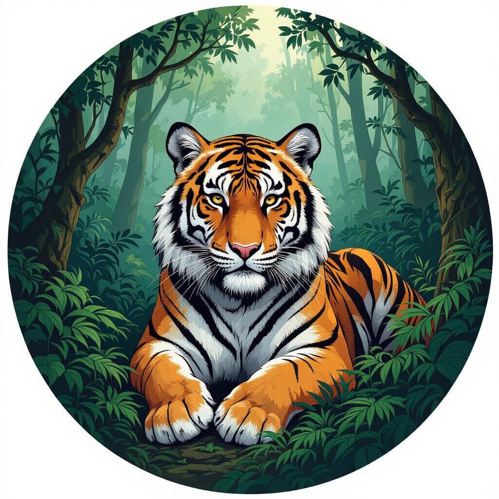 Tiger in Forest: Intricate Ink Drawing