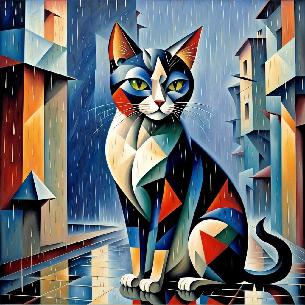 Abstract Cubist Rain Cat Inspired by Kurasov and Gleizes