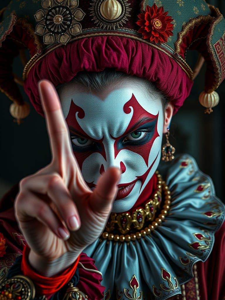 Intense Harlequin Woman in Ornate Attire