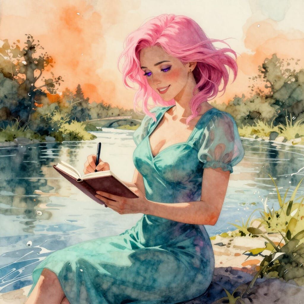 Woman Writing by River in Watercolor Style
