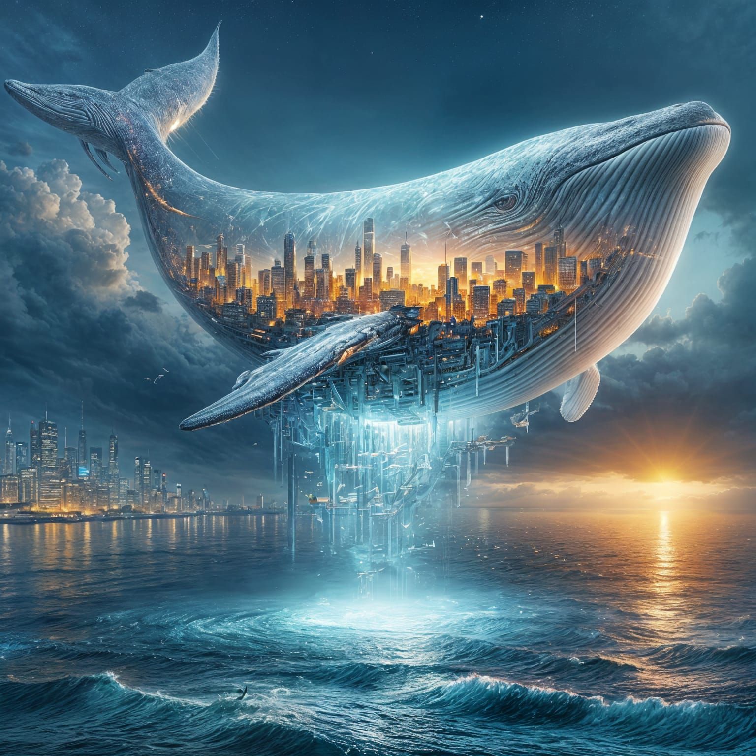 City Inside Translucent Whale: 3D Digital Art