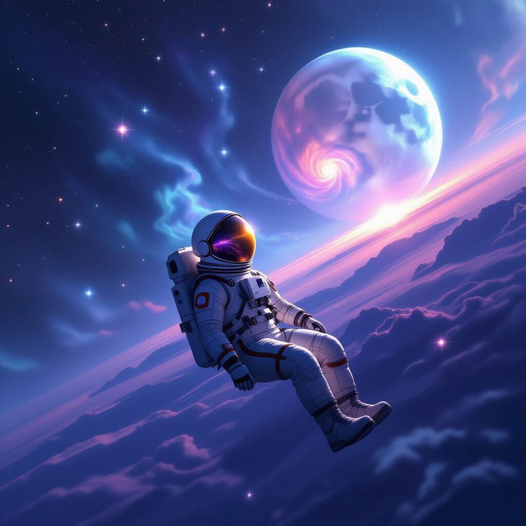 Astronaut Adrift Reflecting Nebula Near Crystalline Planet