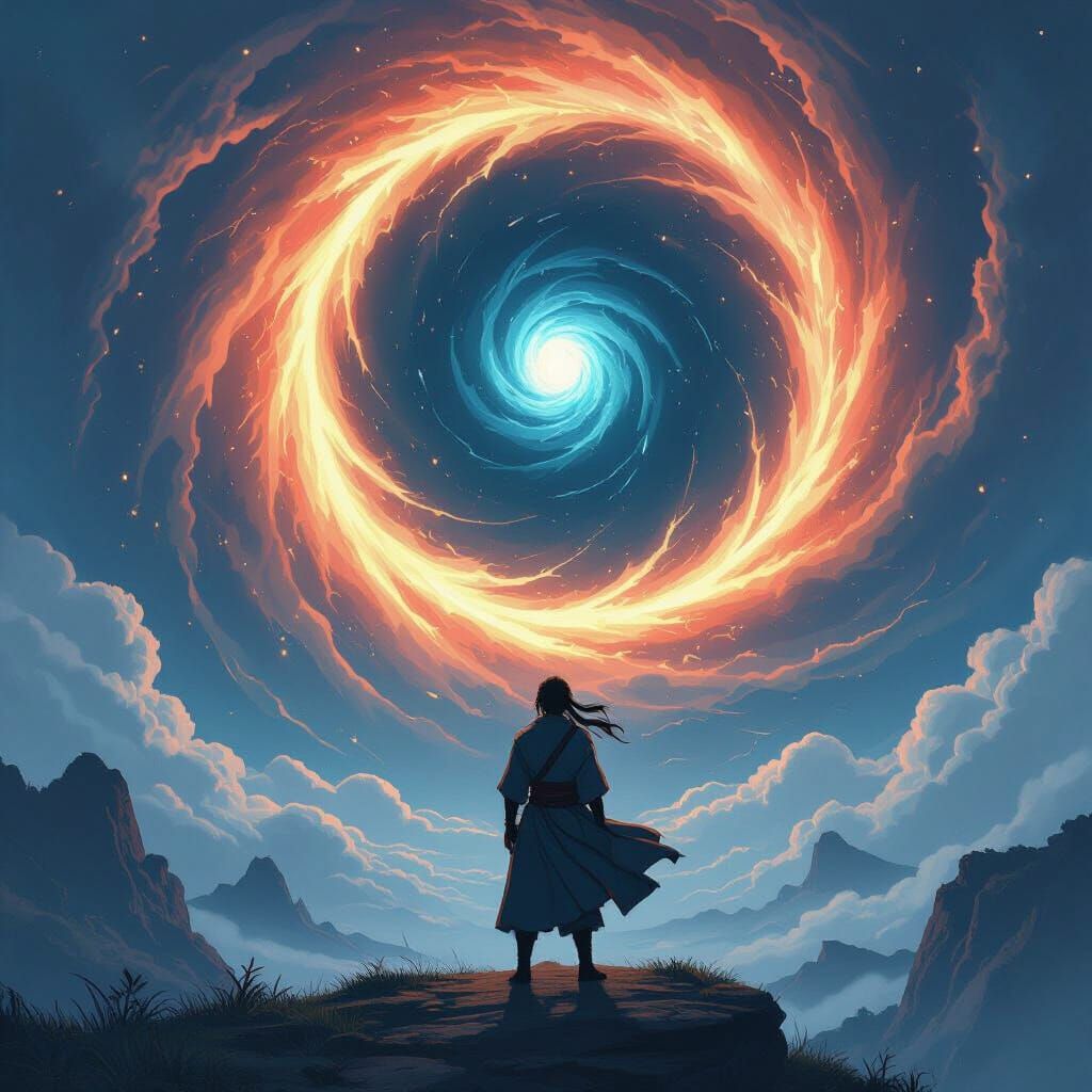 Ninja Gazing at Energy Vortex in Anime Style