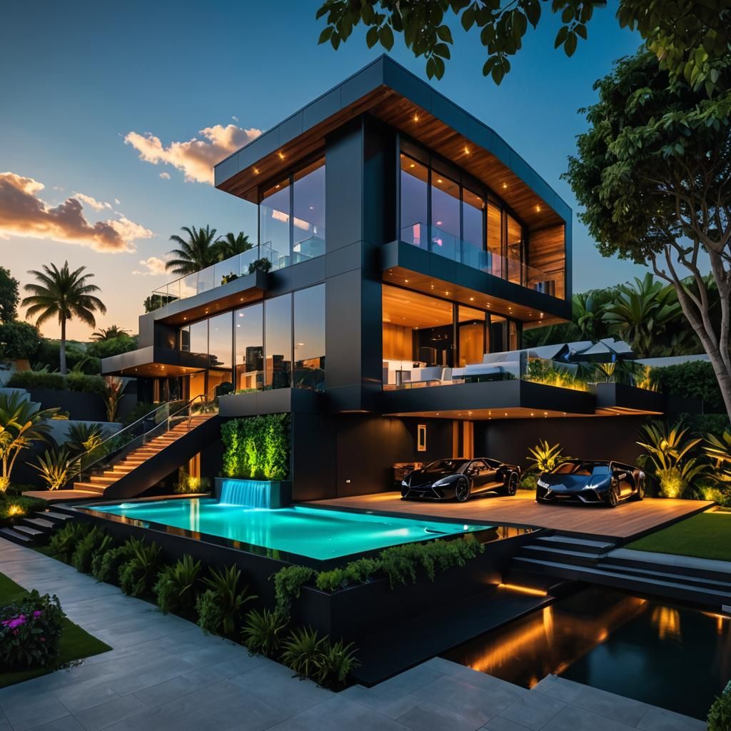Luxury Billionaire House with Neon Pool and Lamborghini