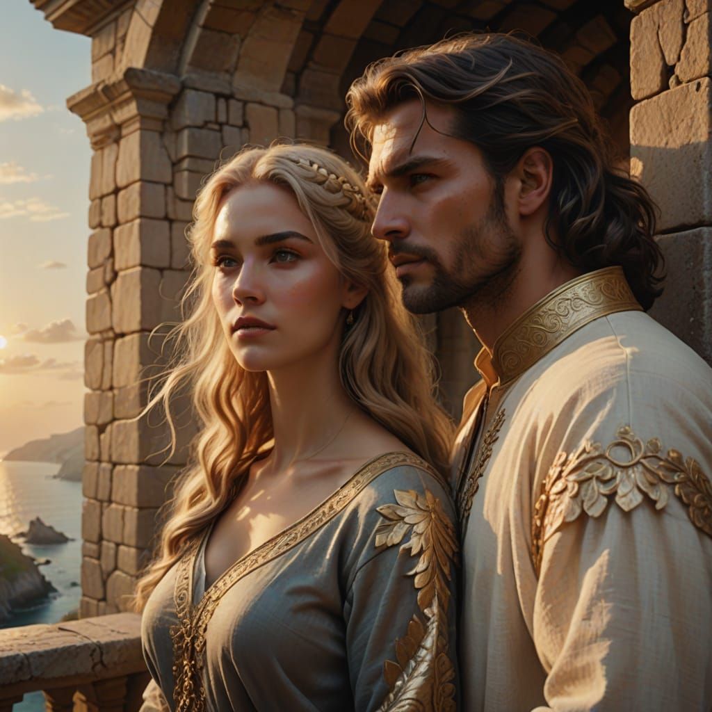 Romantic Couple on Balcony in Oil Painting Style