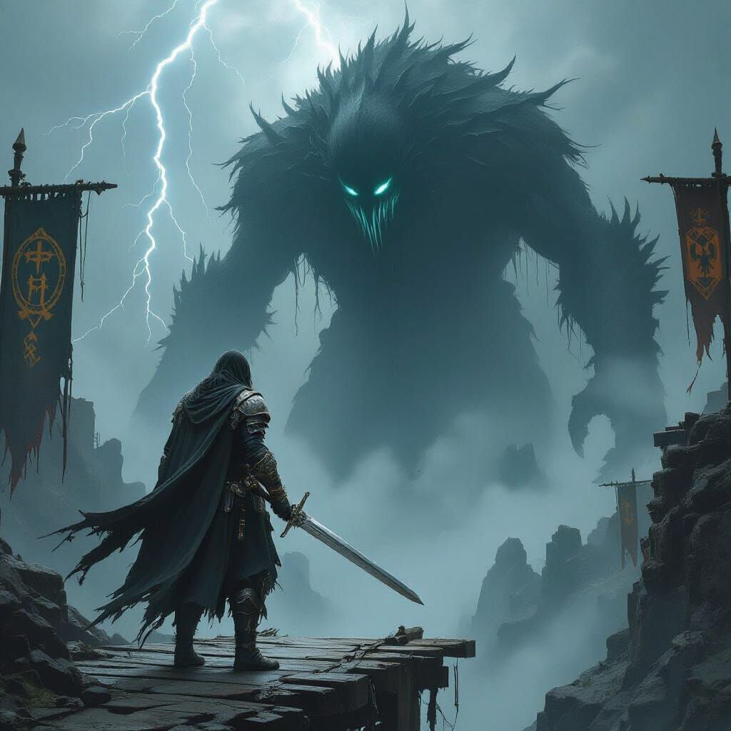 Hero Confronts Shadowy Beast on Crumbling Bridge