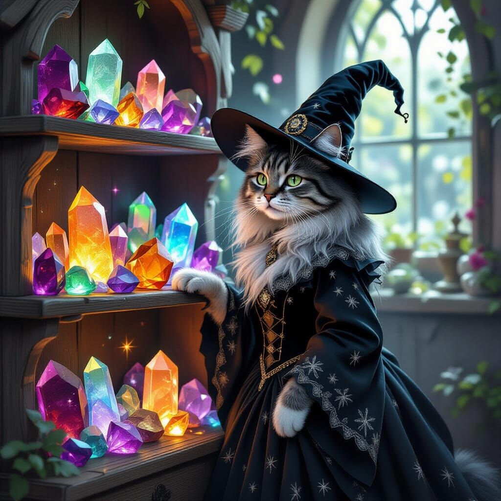 Witch Cat Guarding Crystal Shelf in Fantasy Style