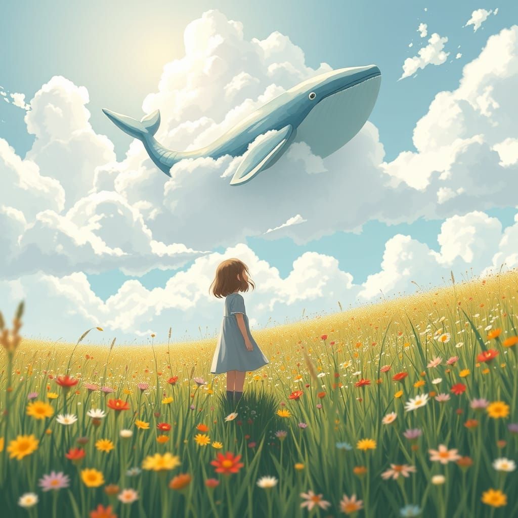 Girl in Meadow Gazing at Cloud Whale, Ghibli Style