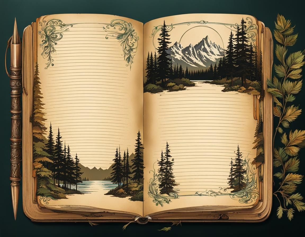 Vintage Journal Pages with Mountain Scenery