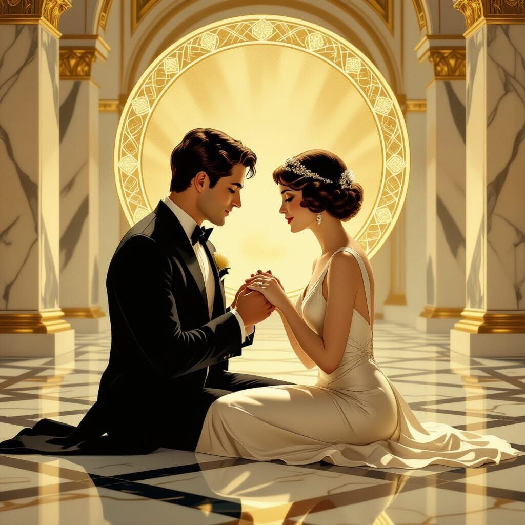 Art Deco Lovers Exchanging Rings in Golden Halo