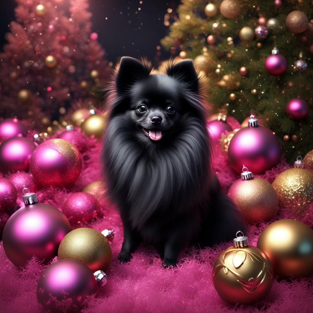 Black Pomeranian in Christmas Ornaments, Detailed Matte Pain...