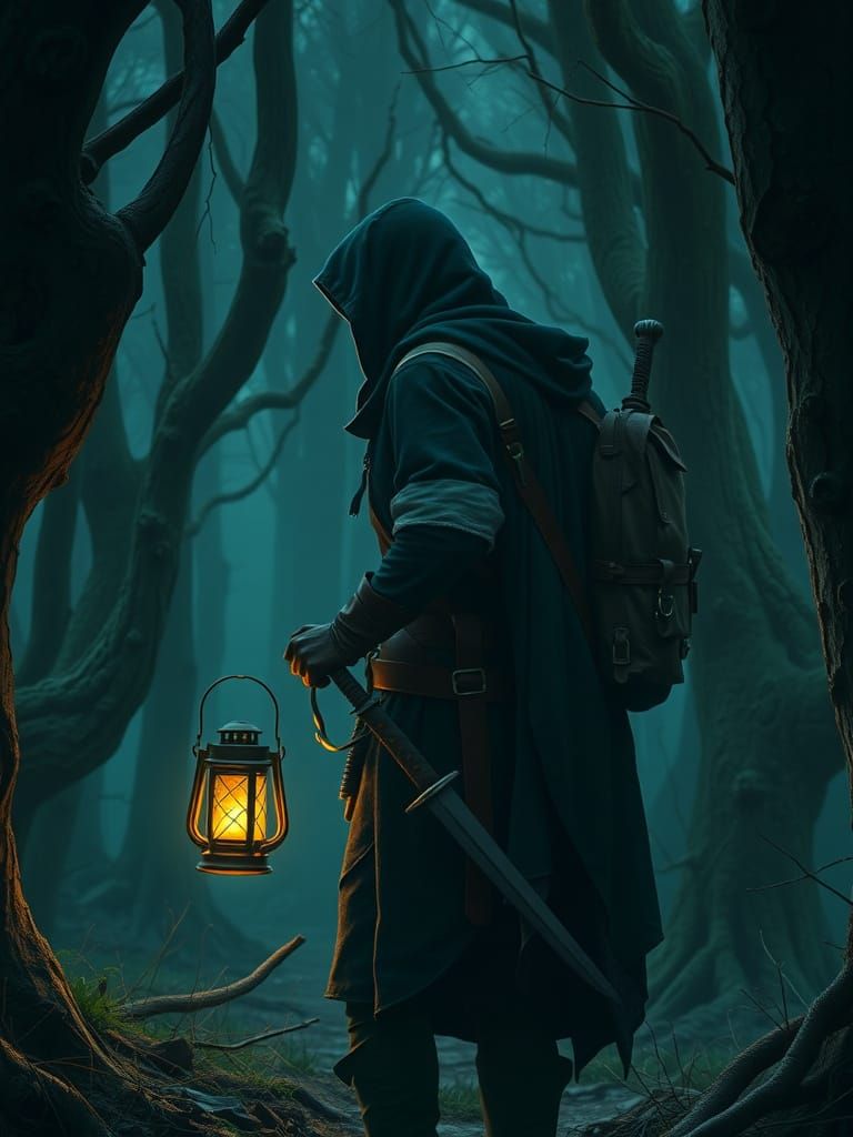 Medieval Scout on Forest Trail at Night