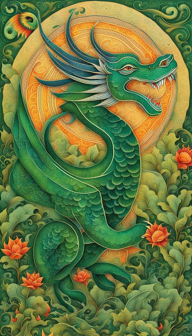 Emerald Dragon in Madhubani Style Mystical Forest