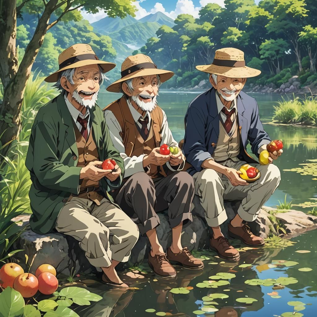 Anime Image: Three Old Men Laughing by a Lake