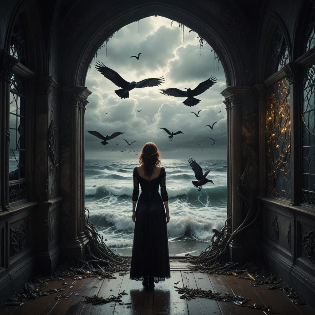 Moody Gothic Collage: Flying Over Seas of Doubt