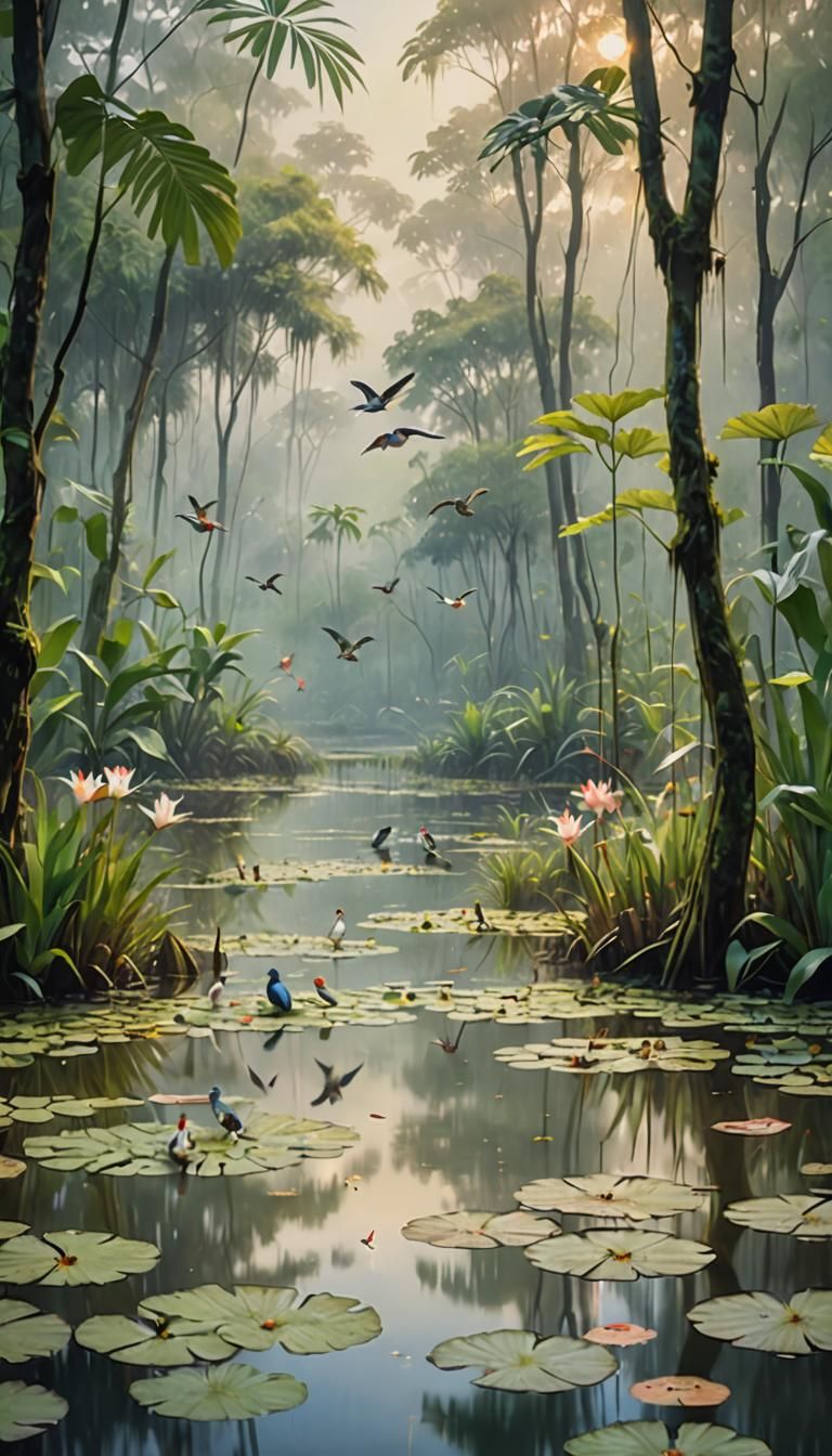 Impressionist Birds Singing in Misty Swamp Forest