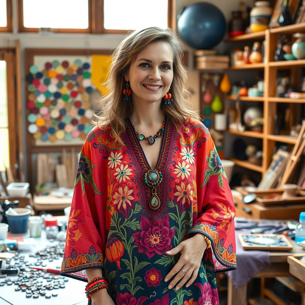 Colorful Artist Surrounded by Materials and Light