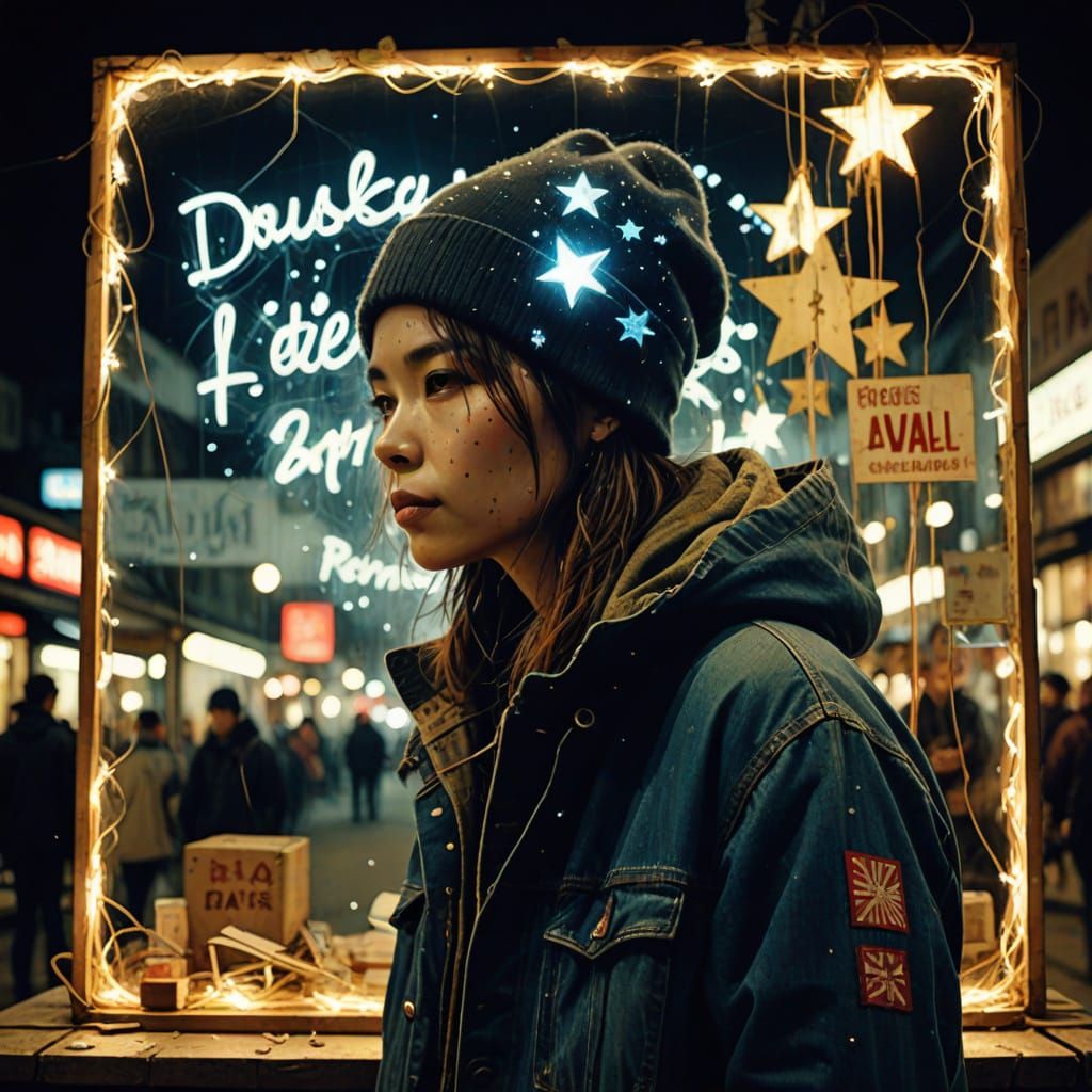 Vintage Night Market Scene with Fallen Star Silhouette