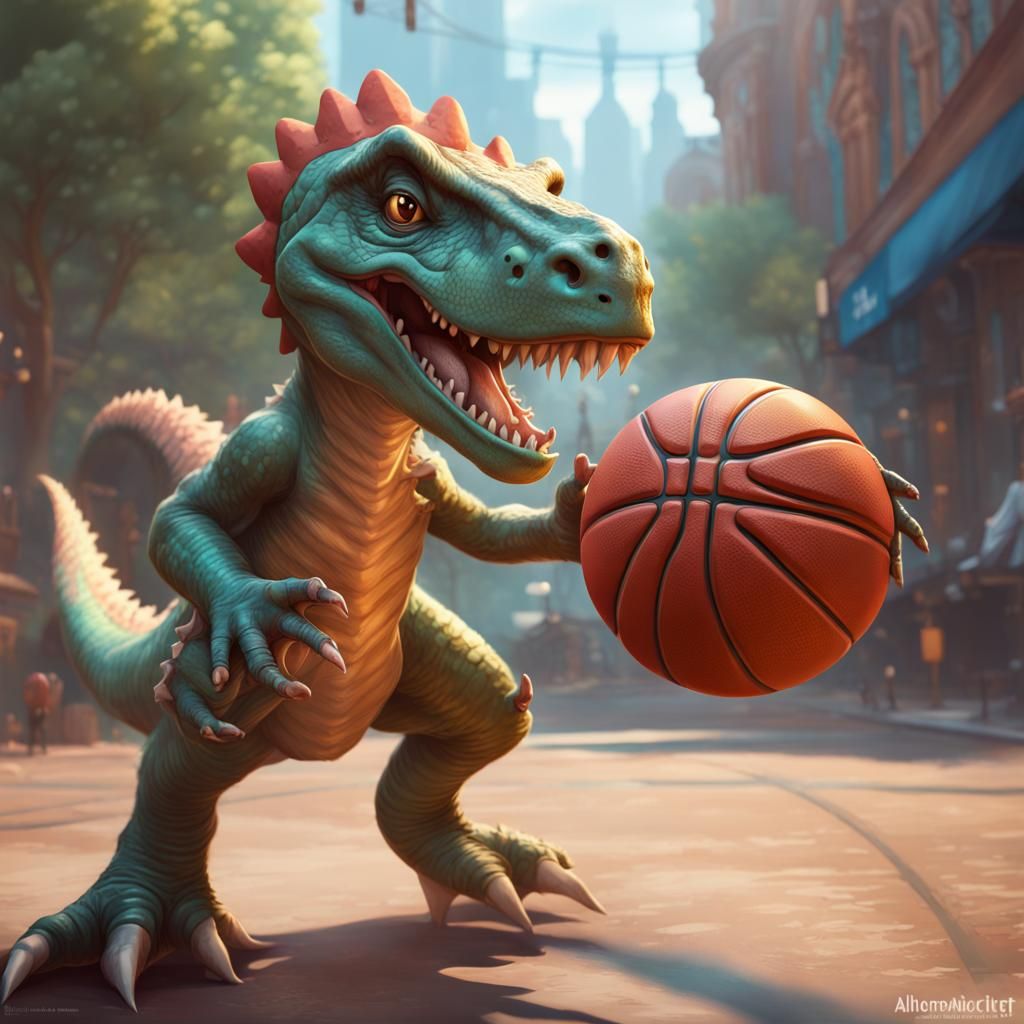 Cute Dinosaur Playing Basketball in Hyperdetailed Portrait