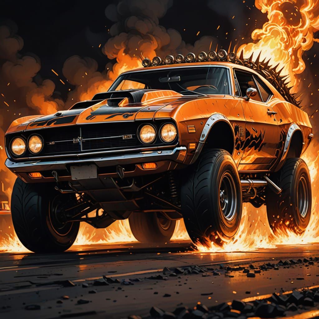 Armored Muscle Car in Heavy Metal Flames