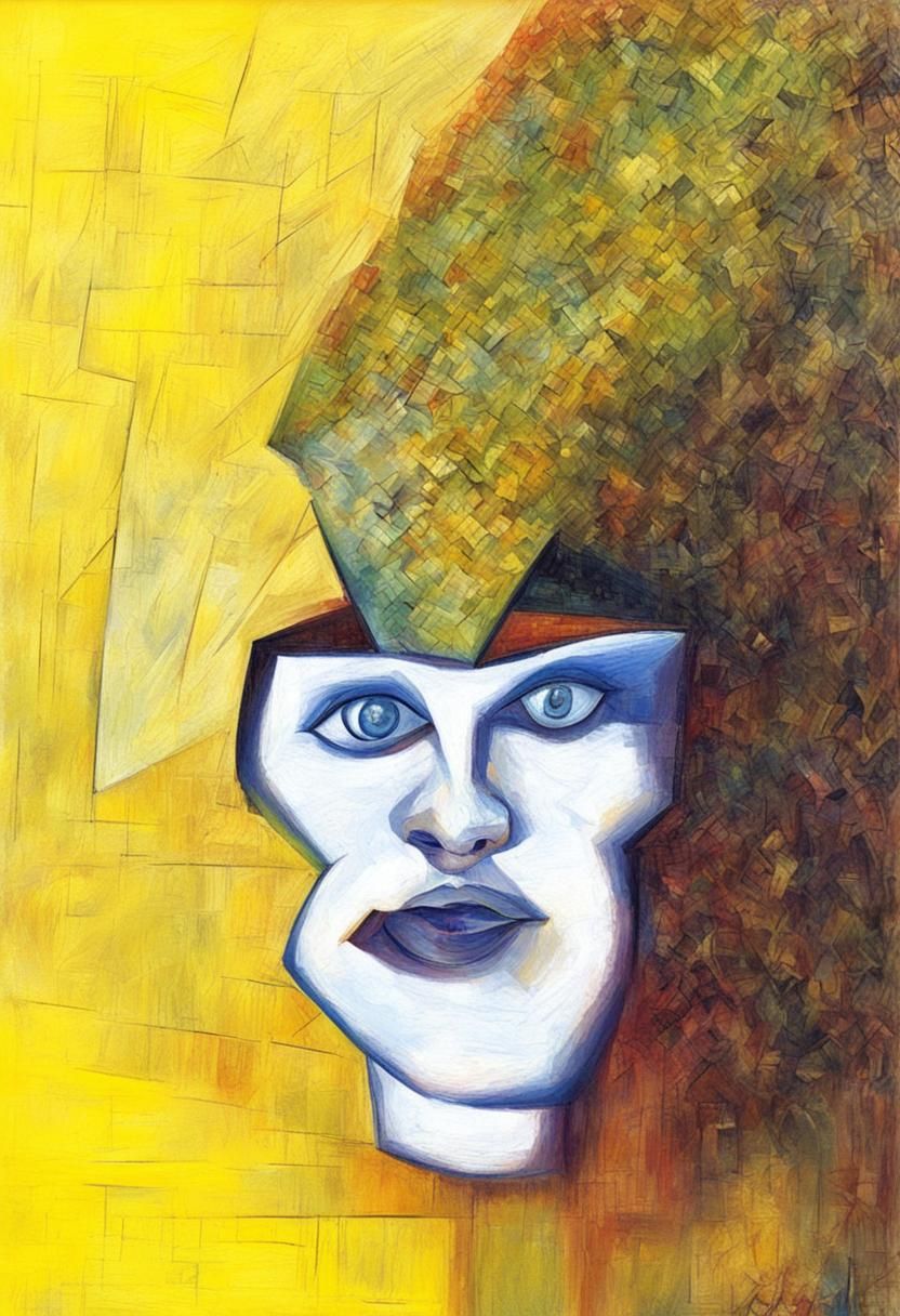 Detailed Cubist Painting with Geometric Shapes