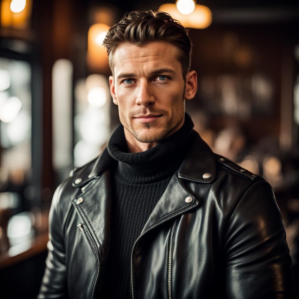 Handsome, very muscular and masculine man. He has short wavy hair and a slight smile. He is wearing a black leather, mot...