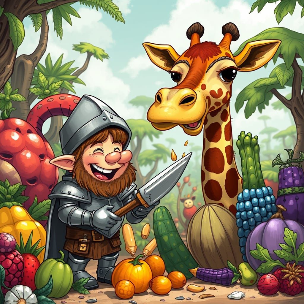 Whimsical Safari Scene of a Halfling Knight Feeding a Giraff...