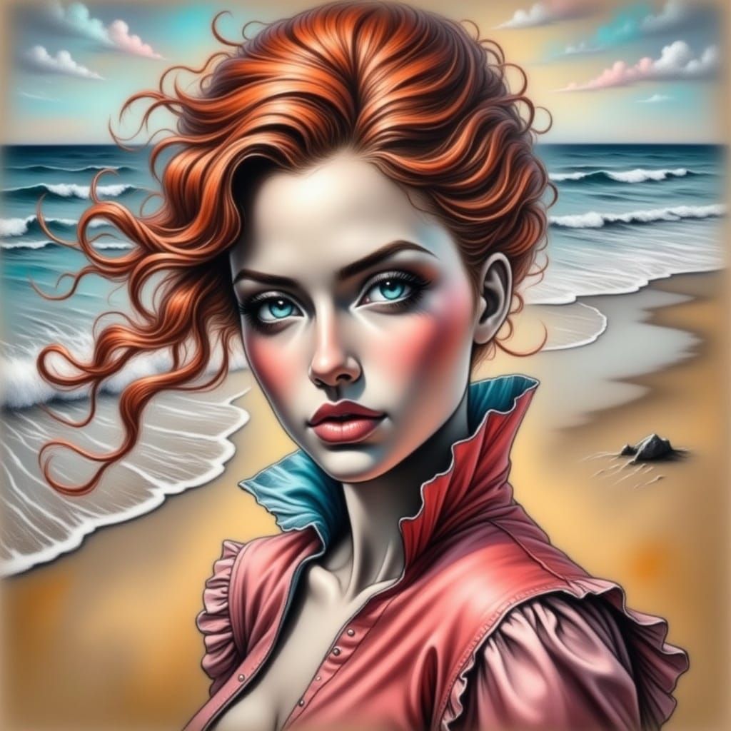 Red-Haired Woman on Beach in Impressionist Style