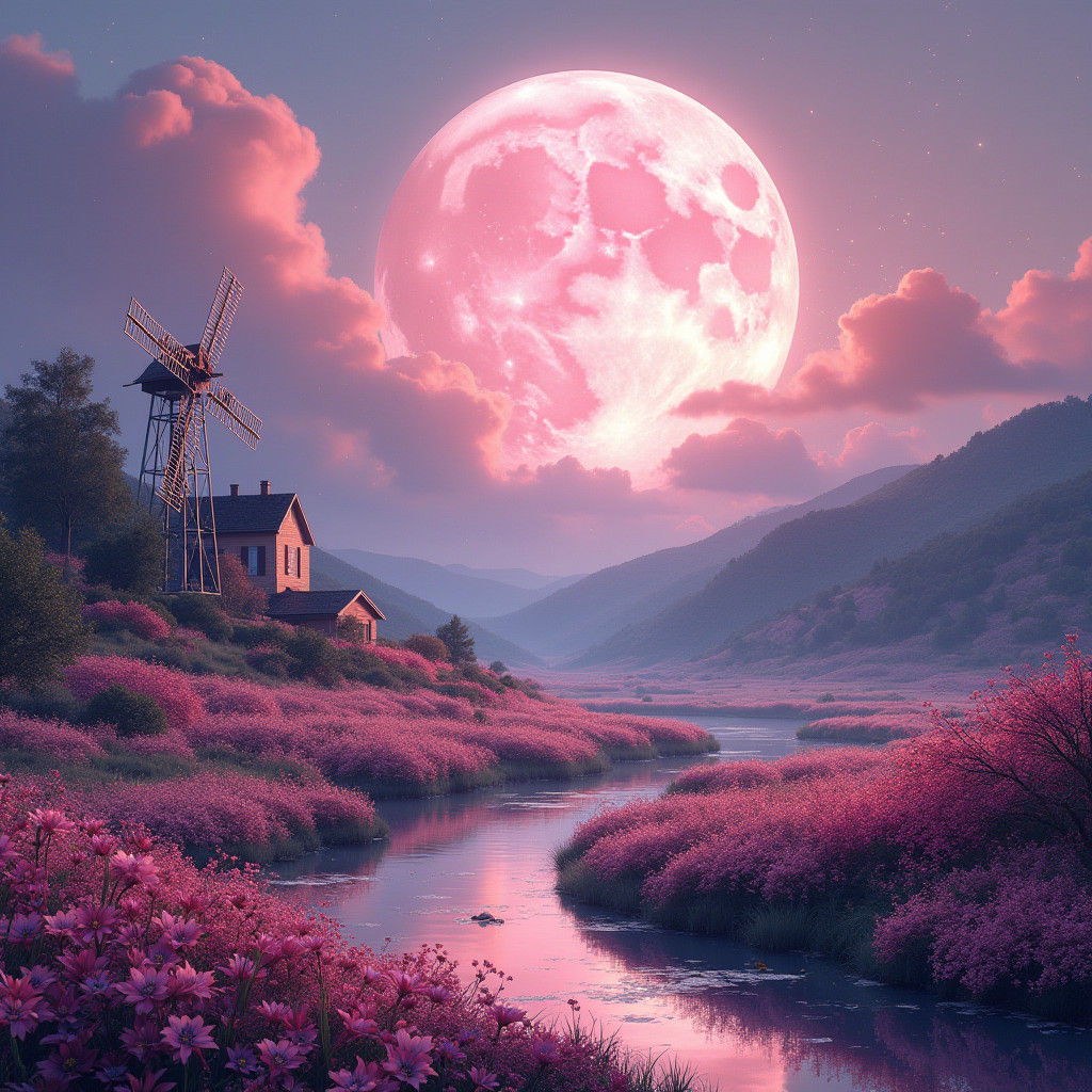Pink Moon Over Lush Fantasy Landscape Watercolor