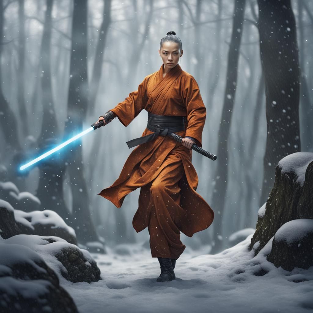 Shaolin Monk Training with Lightsaber in Snowy Forest
