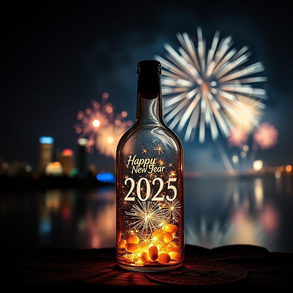 Fireworks Bloom inside a Time Bottled New Year's Scene