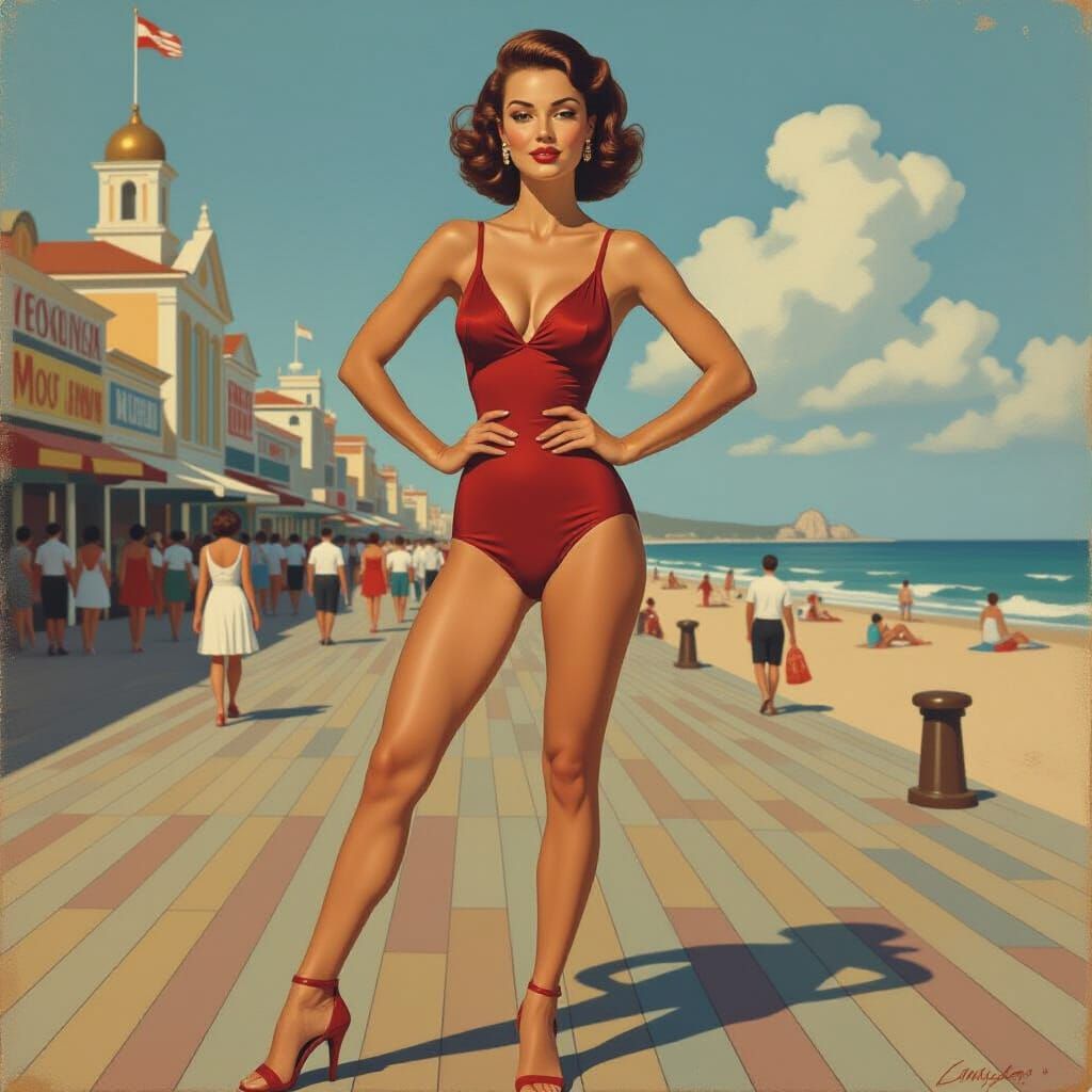 Vintage Pin-Up on Boardwalk, Geometric Impressionism