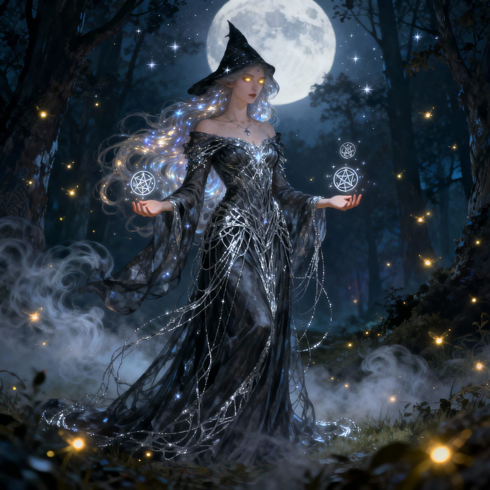 Mysterious Witch in Moonlit Forest Clearing